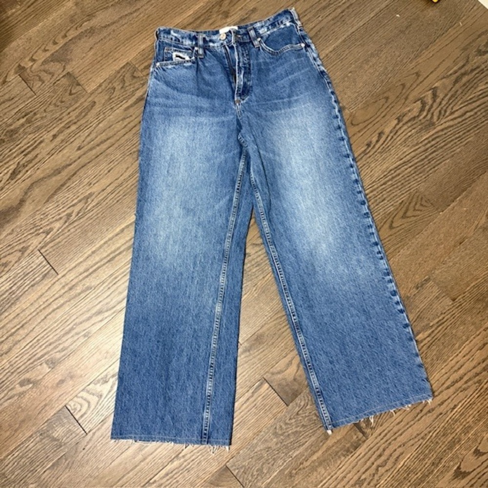 Frame High N‎ Tight Wide Leg Jeans Stearnlee Blue Raw Hem 27